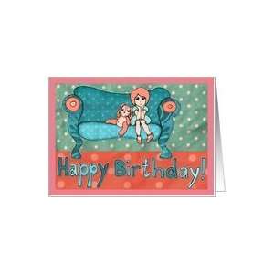  Happy Birthday! A cute girl and bunny on a sofa Card: Toys 