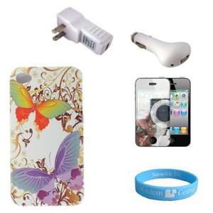 Butterfly Carrying Snap on Case for iPhone 4 + USB Car Charger + USB 