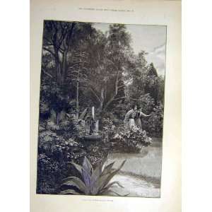  1890 Yerba Milly Garden Fountain Lady Man Old Print