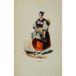   French Woman Dress Alsace France   Hand Colored Print