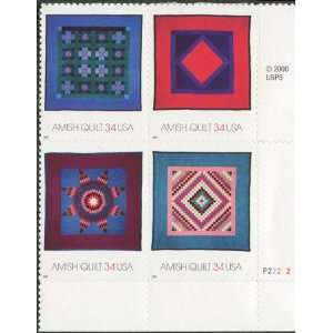   FOLK ART ~ QUILTING #3527 Plate Block of 4 x 34¢ US Postage Stamps