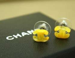 CHANEL Pierced Earrings Clear Yellow Resin 04P MINT in BOX CC CoCo 