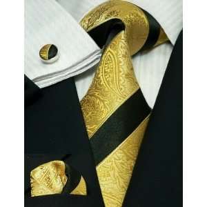 Mens Stripe Black & Golden Yellow 100% Silk Tie Set TheDapperTie 38G