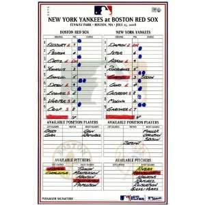  Yankees at Red Sox 7 25 2008 Game Used Lineup Card Sports 