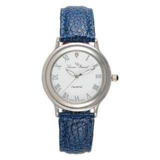   diamond at the 12 oclock position with a genuine blue leather strap