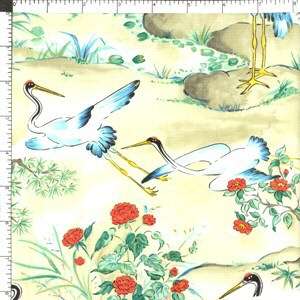 Asian Cranes on the Brook Beige Cotton Fabric  1yard  