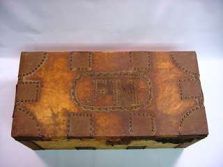 Antique Wood, Tin & Rawhide Leather American Stagecoach Trunk Chest 