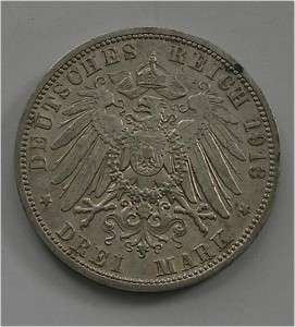 GERMANY PRUSSIA SILVER THALER 3 MARKS 1912, 1913 XF/AU  