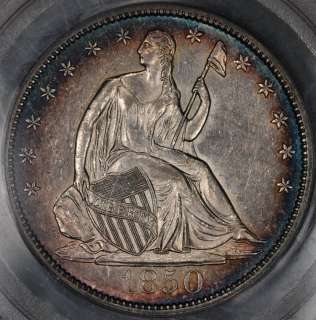 1850 PCGS/CAC AU55 SEATED LIBERTY HALF DOLLAR 50C TONED  