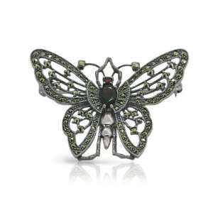   925 Sterling Silver Marcasite & Garnet Butterfly Brooch: Jewelry