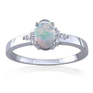   : OCTOBER Birthstone Ring 14k White Gold Diamond & Opal Ring: Jewelry
