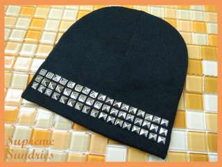 Metal Studs Black Unisex Stretchy Beanie Cap Hat 100  