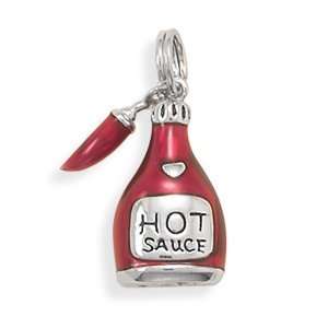  Sterling Silver Rhodium Plated Hot Sauce Charm: Jewelry