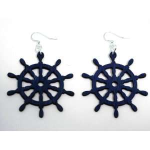  Royal Blue Nautical Boat Wheel Wooden Earrings: GTJ 