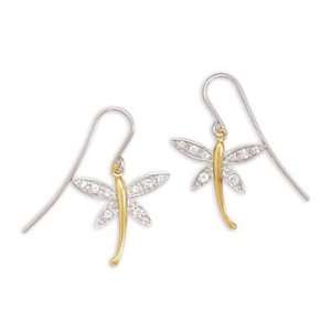   Silver/14K Gold Plated CZ Dragonfly Earrings on French Wire: Jewelry
