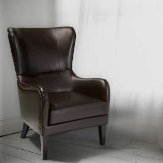 Elegant Wingback Design Brown Leather With Nail Heads Accent Club 