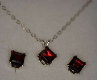 3ct 6mm GARNET EARRING AND PENDANT SET W/ 18 SS CHAIN  
