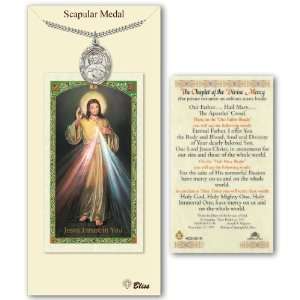Pewter Scapular Medal Jesus Christ Sacred Heart Pendant w/ Prayer Card