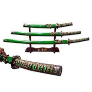  New Set of 3 Green Japanese Samurai Swords w Sheath 