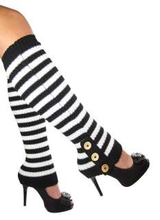 knit LEG WARMERS buttons punk DANCE BLACK white stripe  