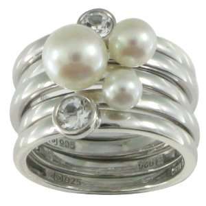   White Freshwater Cultured Pearl, White Topaz Ring Set, Size 6: Jewelry