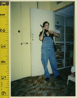 FOUND PHOTO Young WOMAN In Overalls On BIG PHONE  