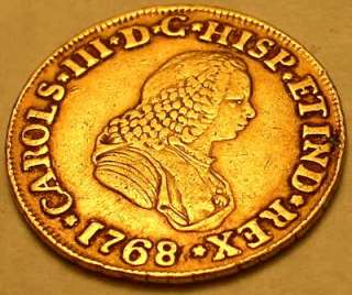 SCARCE! COLOMBIAN 1768 SPANISH GOLD 2 ESCUDOS DOUBLOON KING CARLOS III 