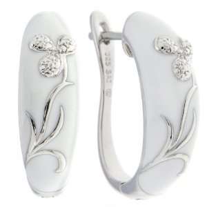   Silver Cubic Zirconia White Enamel 3 Petal Flower Earrings Jewelry