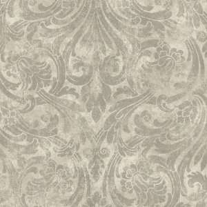   Distressed Noveau Damask Wallpaper, 27 Inch by 324 Inch, Neutral