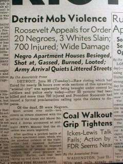 1943 newspaper wBIG headline DETROIT RACE RIOT Michigan  