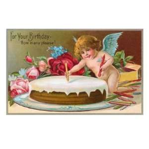 For Your Birthday, Cherub with Cake Premium Giclee Poster Print, 18x24 