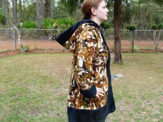 Vtg Womens Coat JCPENNEYS Abstract Browns TAPESTRY Faux FUR Hooded 