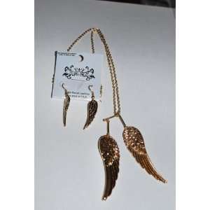  Womens Jewelry, Gold Angel Wings Necklace & Earrings Set 