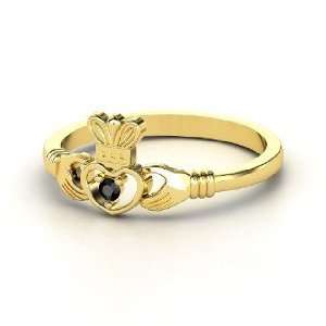  Delicate Claddagh Ring, 18K Yellow Gold Ring with Black 