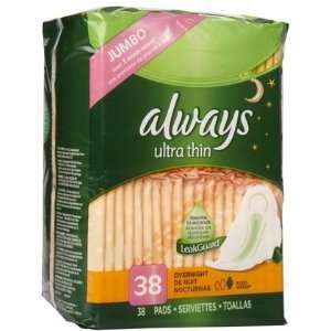 Always Ultra Thin Overnight Pads with Wings Unscented 38 ct (Quantity 