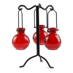  Tree w/ 3 Hanging Jewel Colored Glass Bottle Ball Vases ~ G61 Red 