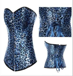 Quality Blue Leopard Print Lace Up Burlesque Overbust Intimate Corset 