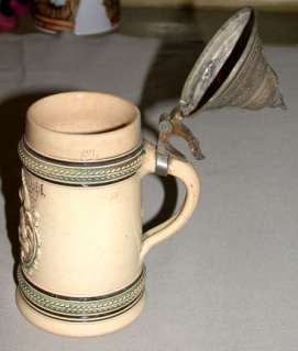 Original Antique German 1/2 L. Beer Stein Mug With Pewter Lid  