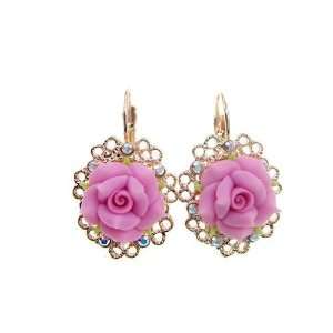   Pink Poly Clay Flower Earrings (Champagne Gold Magenta Rose): Jewelry