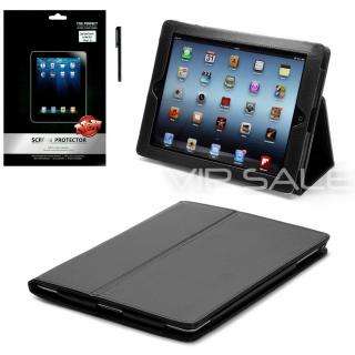 APPLE IPAD 3 BLACK LEATHER CASE COVER WITH STAND + SCREEN PROTECTOR 