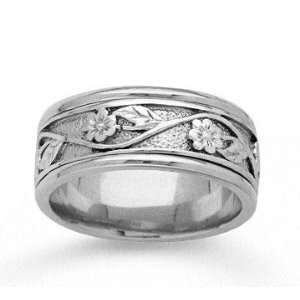    14k White Gold Stylish Floral Hand Carved Wedding Band Jewelry