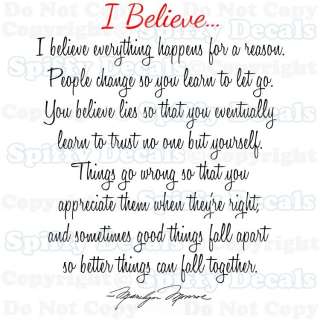 BELIEVE MARILYN MONROE Quote Vinyl Wall Decal Child  