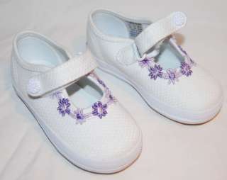 NEW KEDS champion WHITE MARY JANES CANVAS SHOES purple flowers BABY 