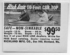 1959 Vintage Ad Rich Line 10 Foot Car Top Aluminum Boats Richland,MO 