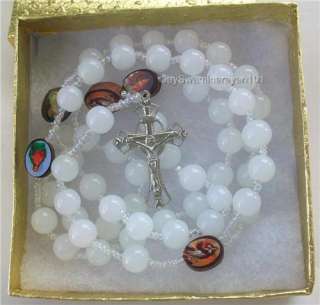Catholic Rosary Necklace 9mm Glass Beads Crucifix White  