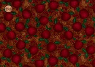 MUMM COZY NW CHRISTMAS APPLES ON BROWN FLANNEL FABRIC  
