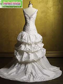 White Taffeta Wedding Dress Bridal Gown Bride Party V Neck Prom Ball 