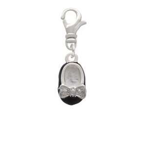  Black Enamel Baby Shoe with Silver Bow Clip On Charm Arts 