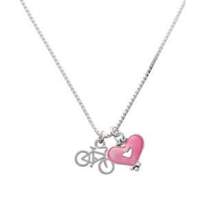  Small Bicycle and Trasnlucent Pink Heart Charm Necklace 