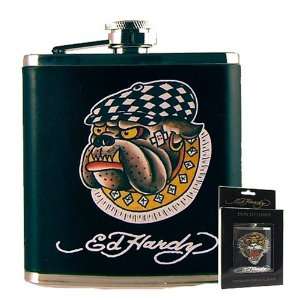   Licensed Don Ed Hardy Bulldog Leather Flask